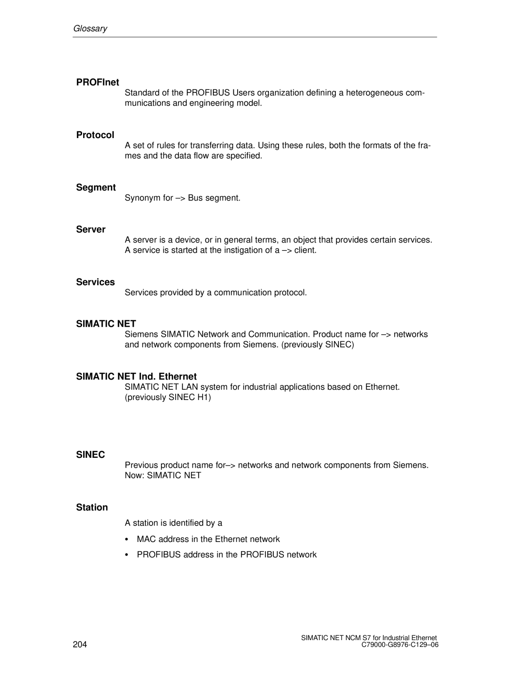 Siemens S7 appendix PROFInet, Protocol, Segment, Server, Services, Simatic NET Ind. Ethernet, Station 