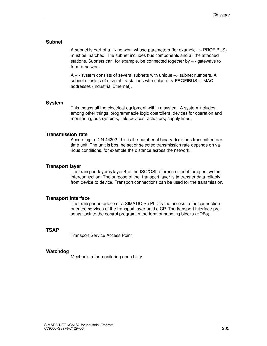 Siemens S7 appendix Subnet, System, Transmission rate, Transport layer, Transport interface, Watchdog 