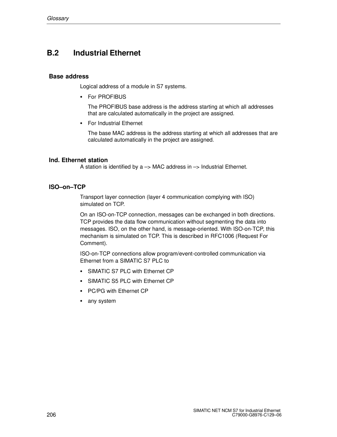 Siemens S7 appendix Base address, Ind. Ethernet station, ISO-on-TCP 