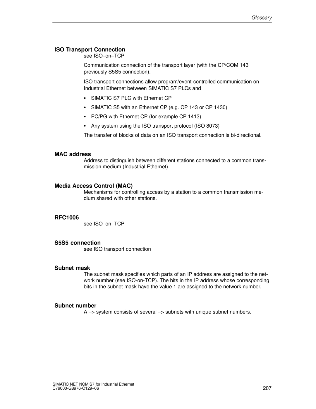 Siemens S7 appendix MAC address, Media Access Control MAC, RFC1006, S5S5 connection, Subnet mask, Subnet number 