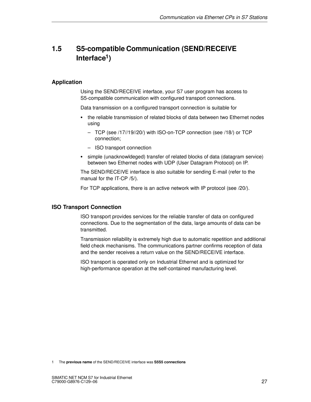 Siemens S7 appendix S5-compatible Communication SEND/RECEIVE Interface1, ISO Transport Connection 