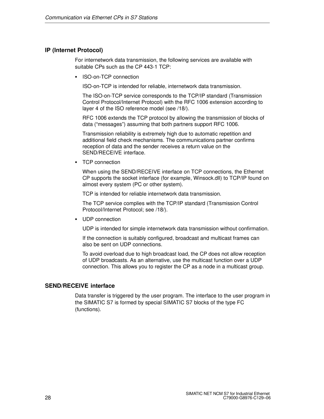 Siemens S7 appendix IP Internet Protocol, SEND/RECEIVE interface 