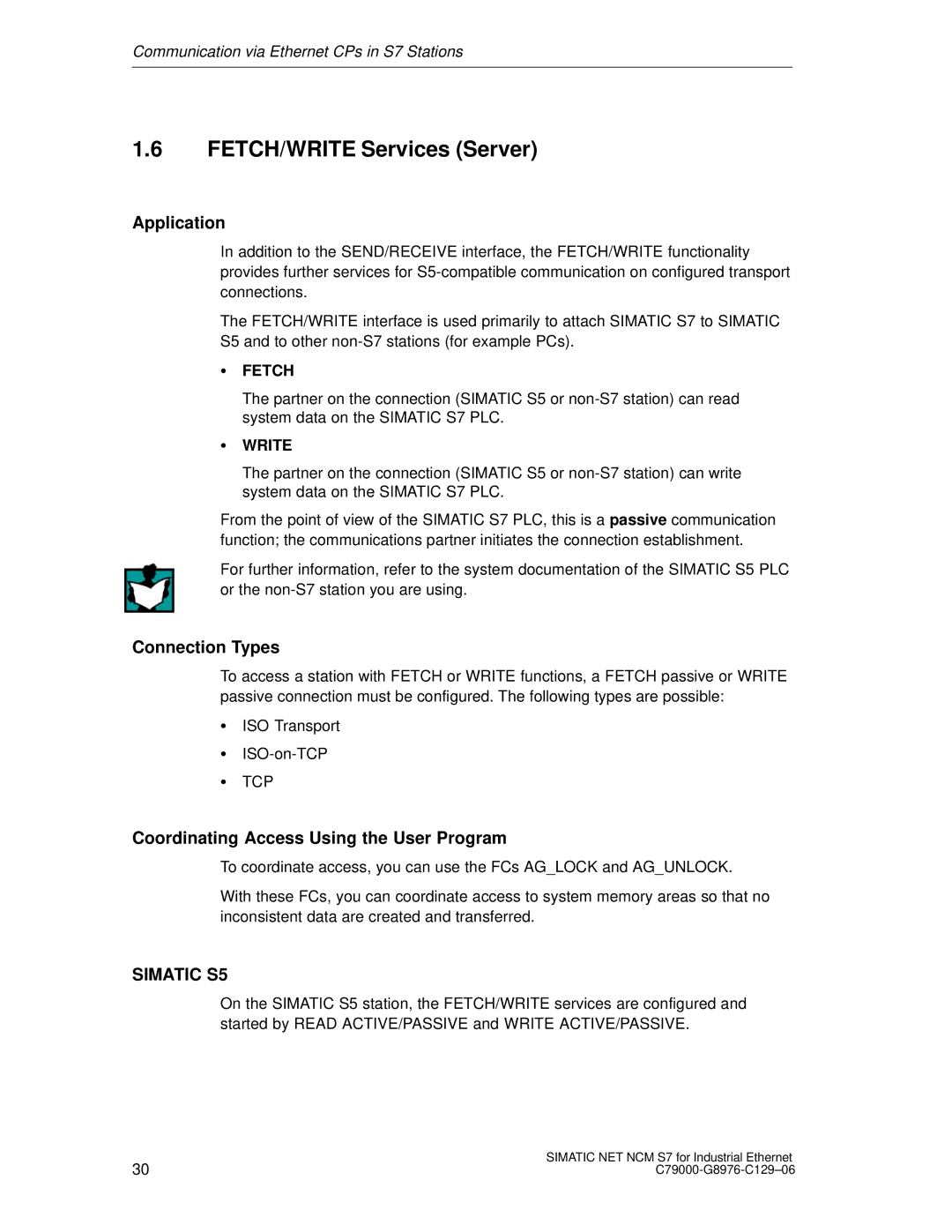 Siemens S7 appendix FETCH/WRITE Services Server, Connection Types, Coordinating Access Using the User Program 