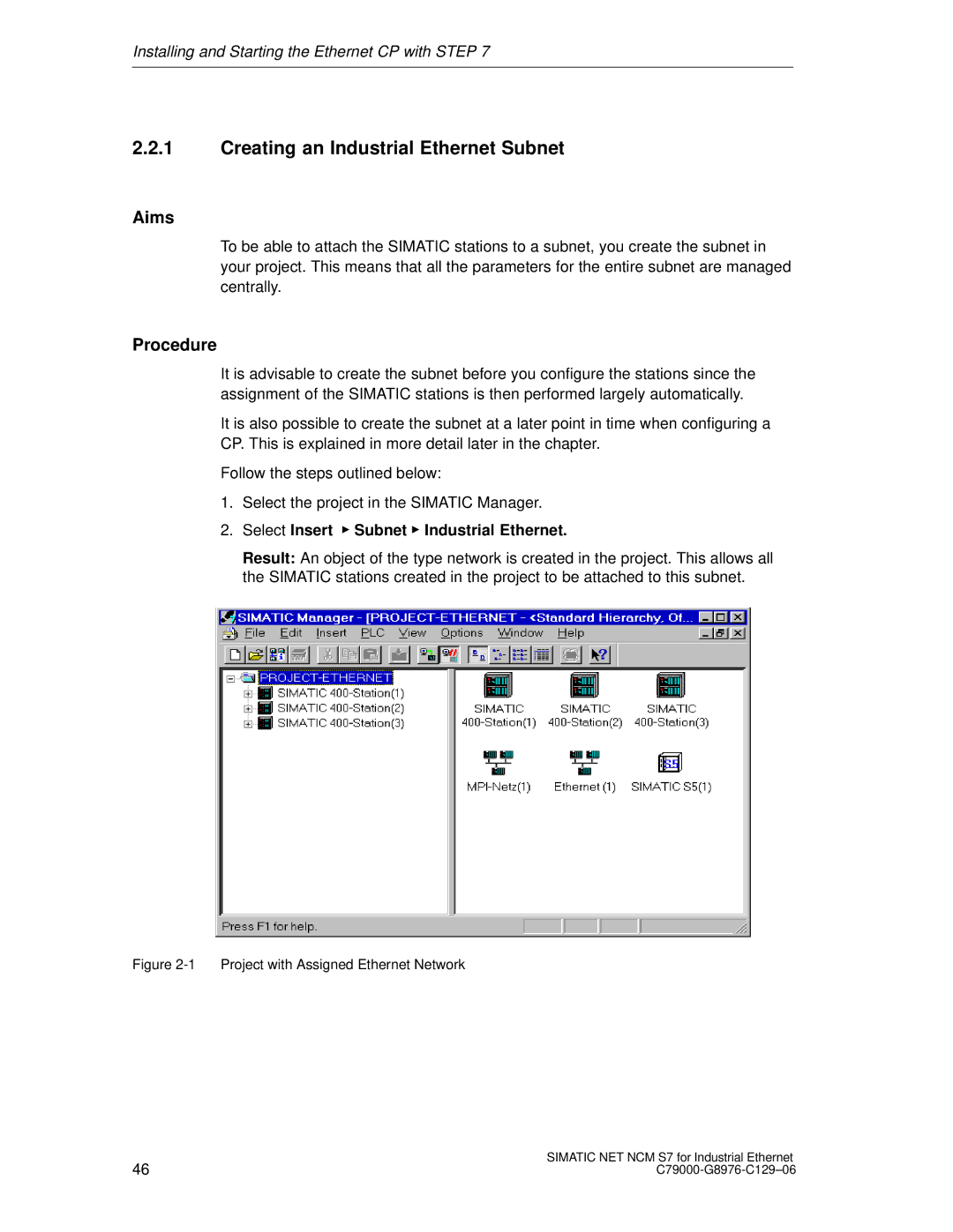 Siemens S7 appendix Creating an Industrial Ethernet Subnet, Aims, Select Insert Subnet Industrial Ethernet 