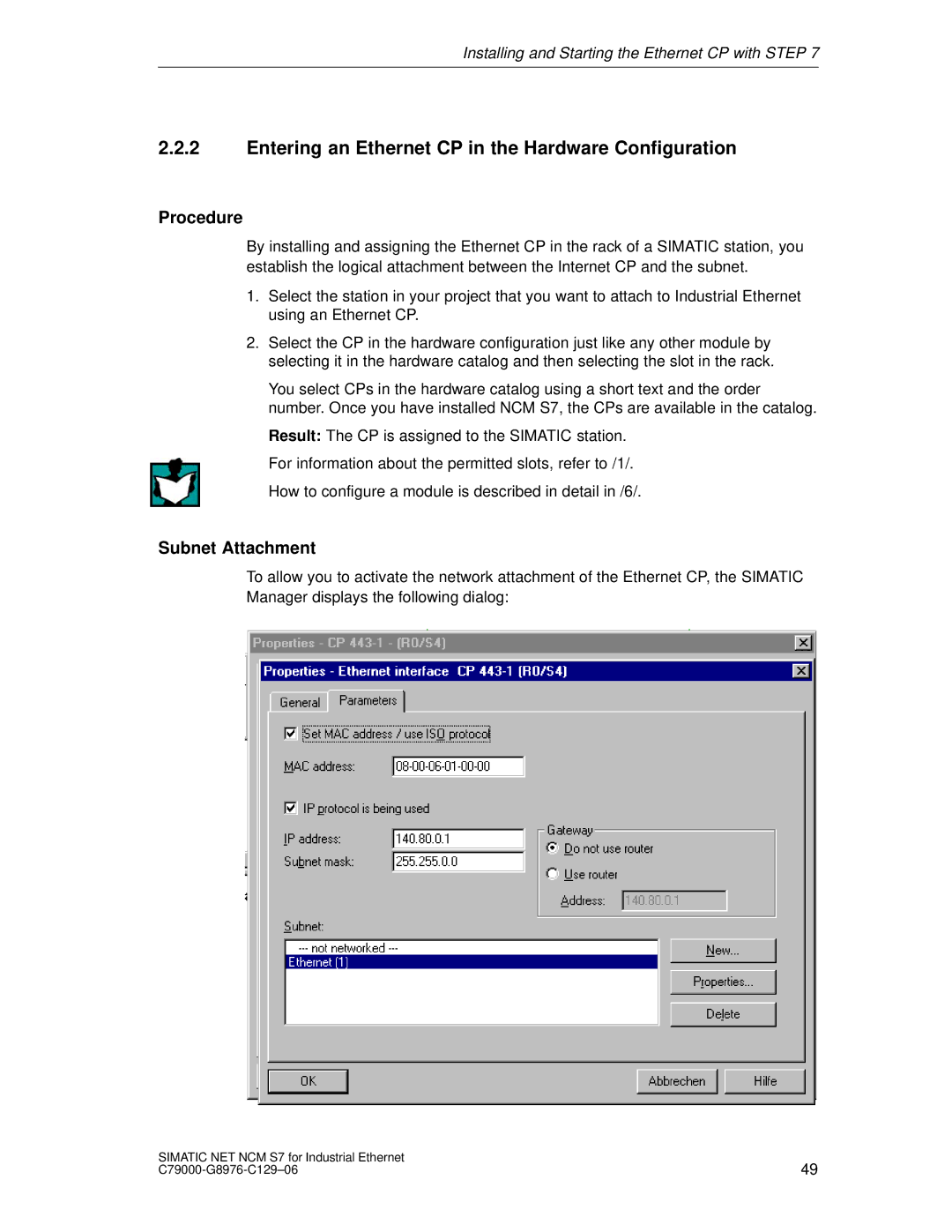 Siemens S7 appendix Entering an Ethernet CP in the Hardware Configuration, Subnet Attachment 