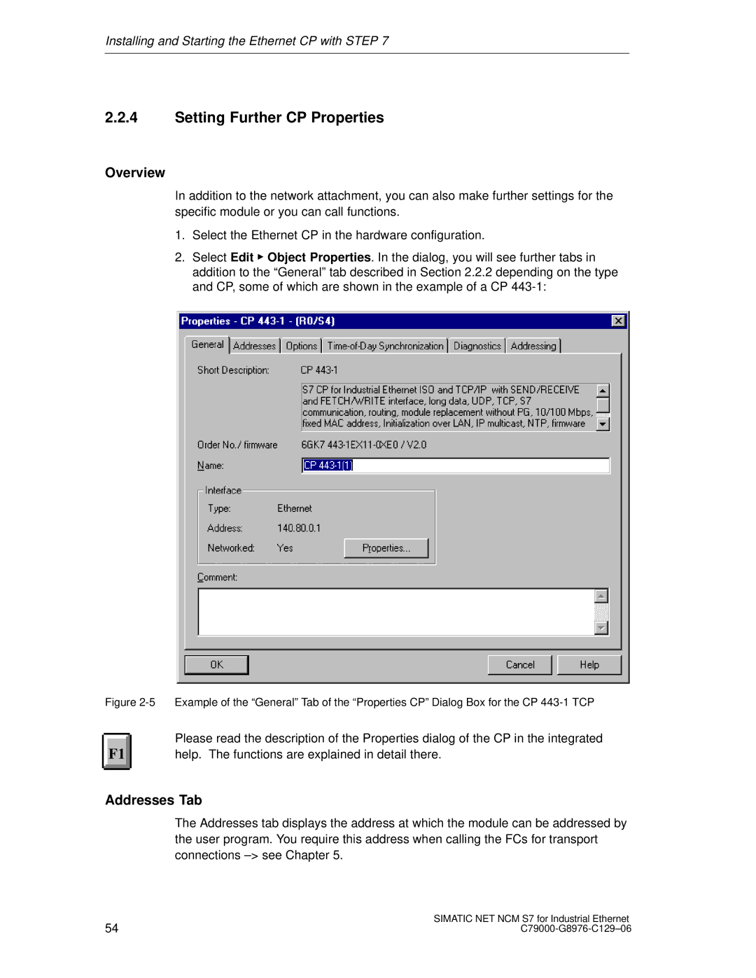 Siemens S7 appendix Setting Further CP Properties, Overview, Addresses Tab 