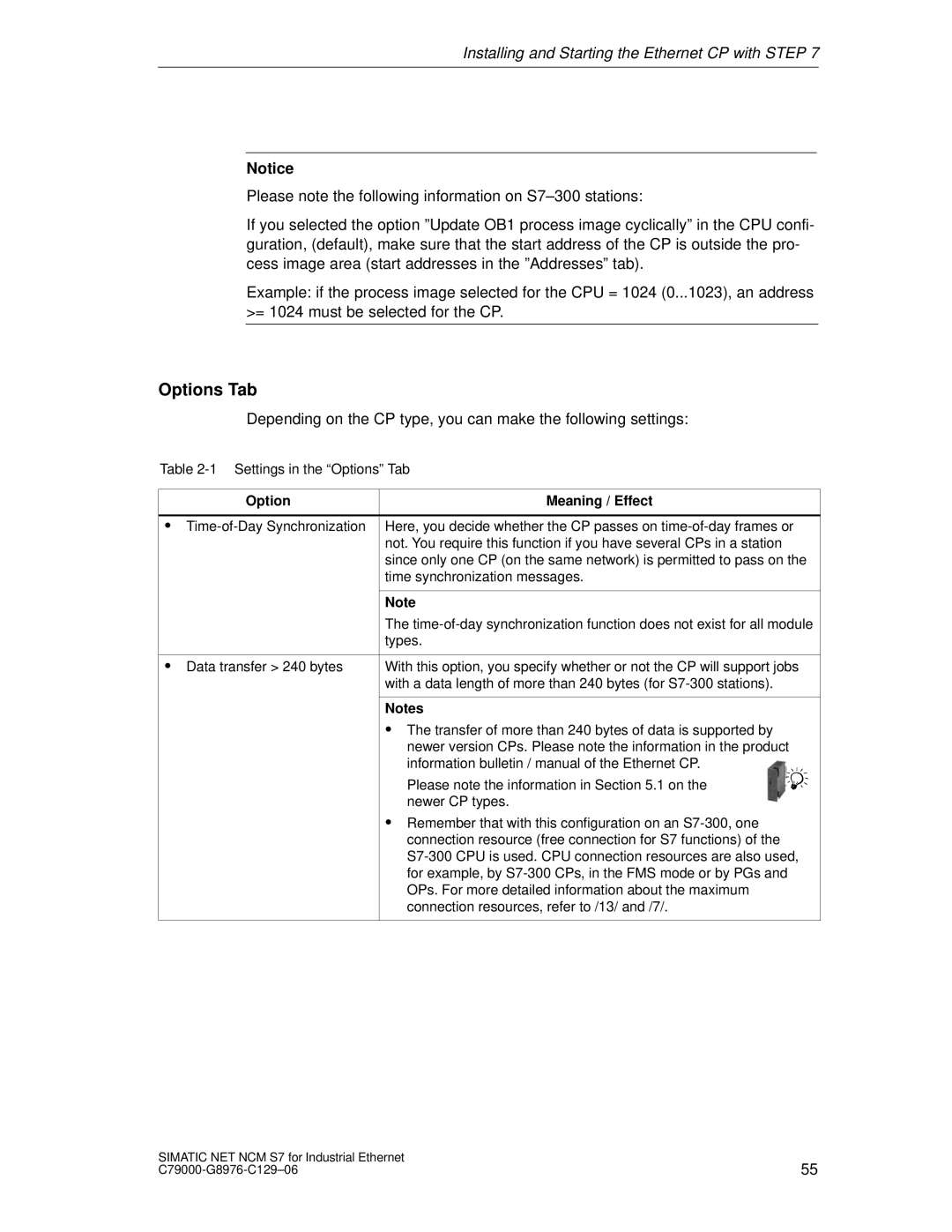 Siemens S7 appendix Options Tab, Option Meaning / Effect 