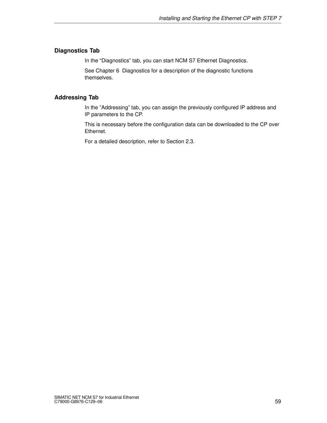 Siemens S7 appendix Diagnostics Tab, Addressing Tab 