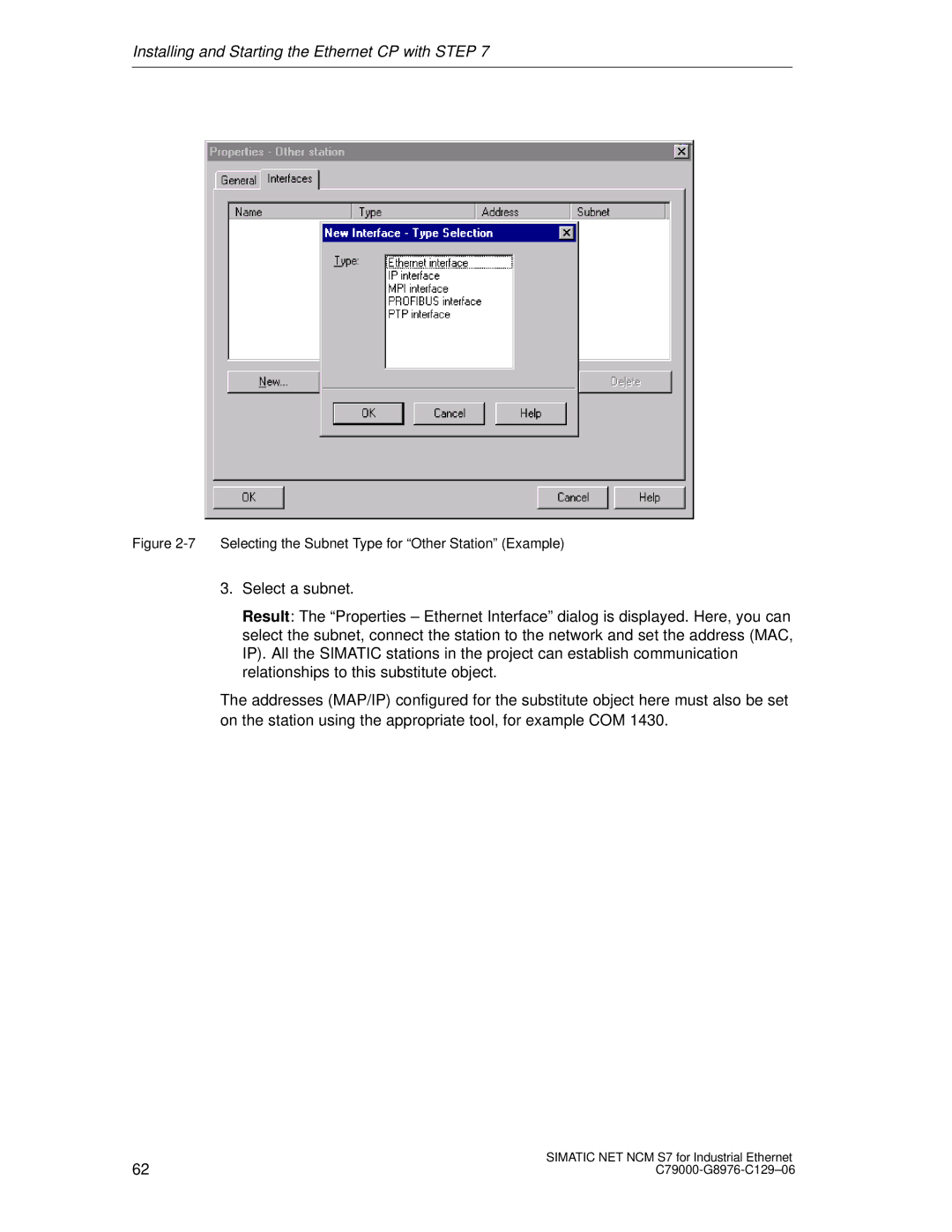 Siemens S7 appendix Selecting the Subnet Type for Other Station Example 