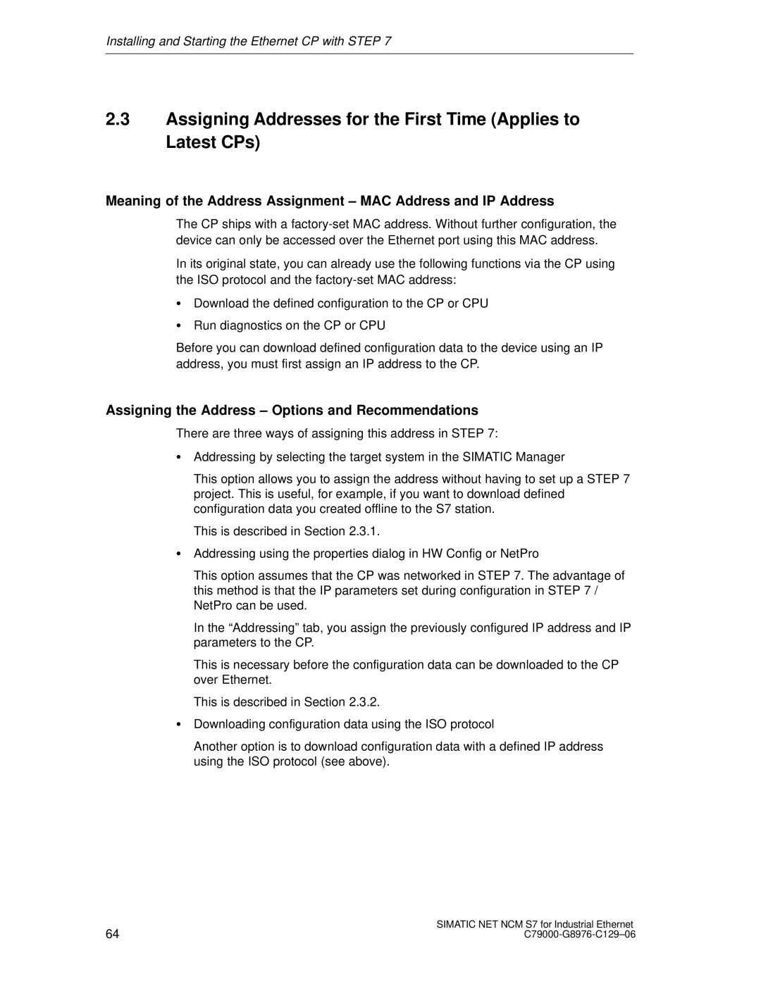 Siemens S7 Assigning Addresses for the First Time Applies to Latest CPs, Assigning the Address Options and Recommendations 