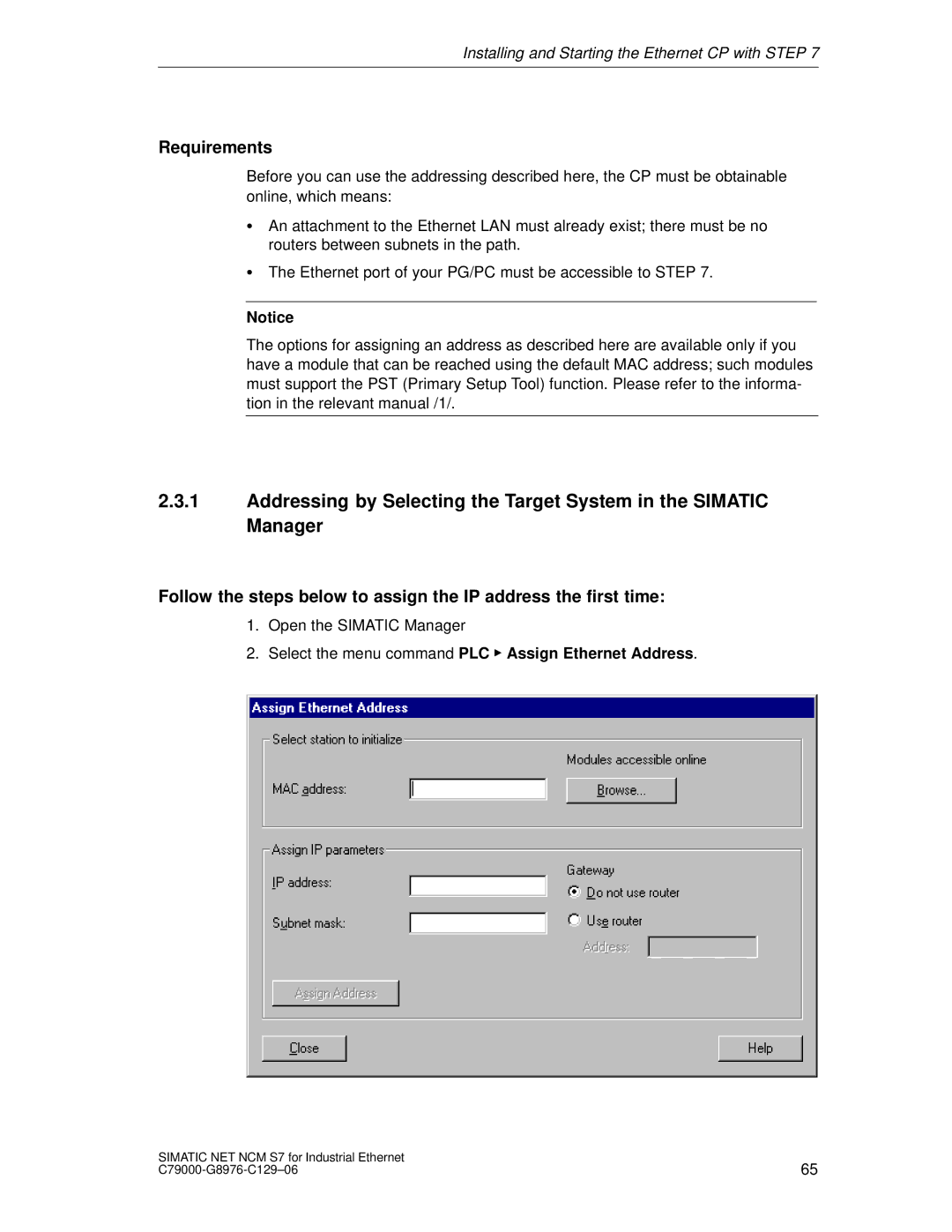 Siemens S7 appendix Requirements, Select the menu command PLC Assign Ethernet Address 