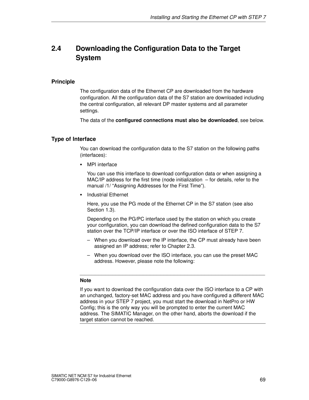 Siemens S7 appendix Downloading the Configuration Data to the Target System, Principle, Type of Interface 