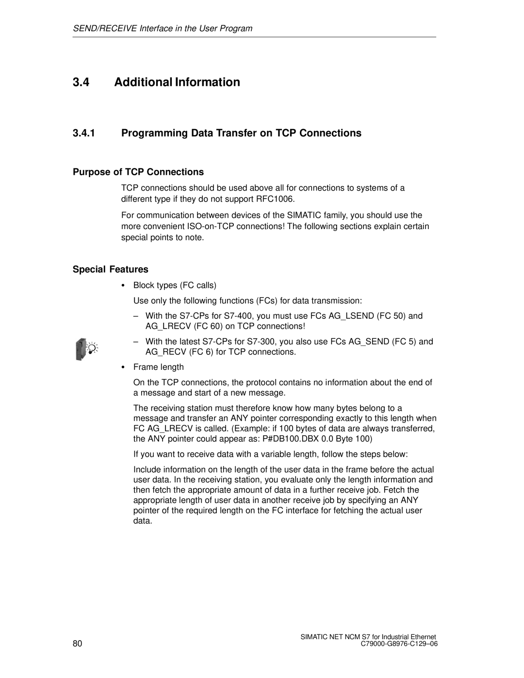 Siemens S7 appendix Additional Information, Programming Data Transfer on TCP Connections, Purpose of TCP Connections 