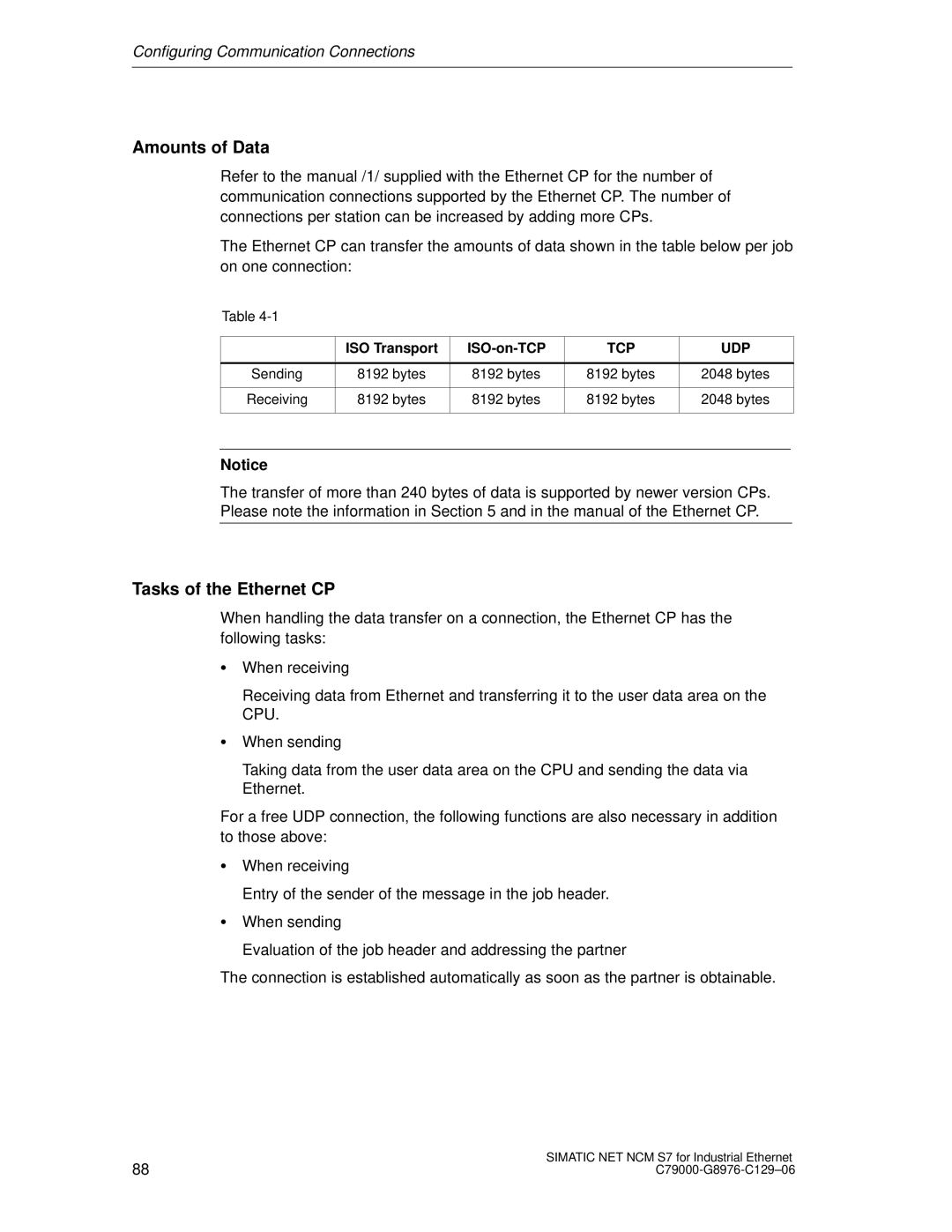 Siemens S7 appendix Amounts of Data, Tasks of the Ethernet CP 