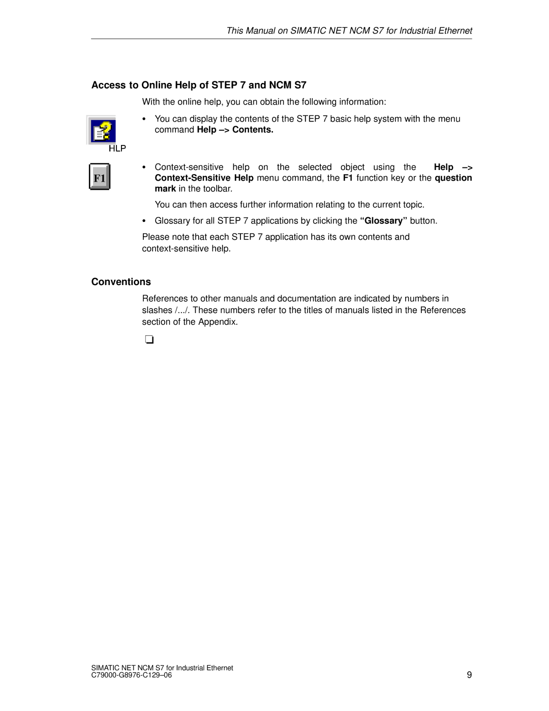 Siemens appendix Access to Online Help of and NCM S7, Conventions 