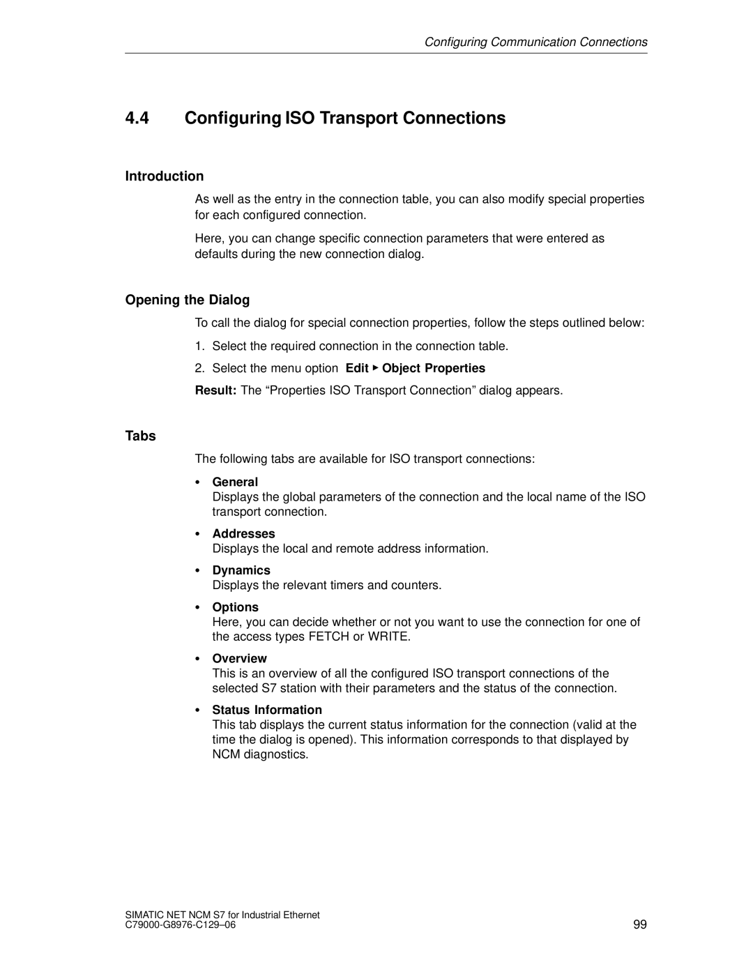 Siemens S7 appendix Configuring ISO Transport Connections, Introduction, Opening the Dialog, Tabs 