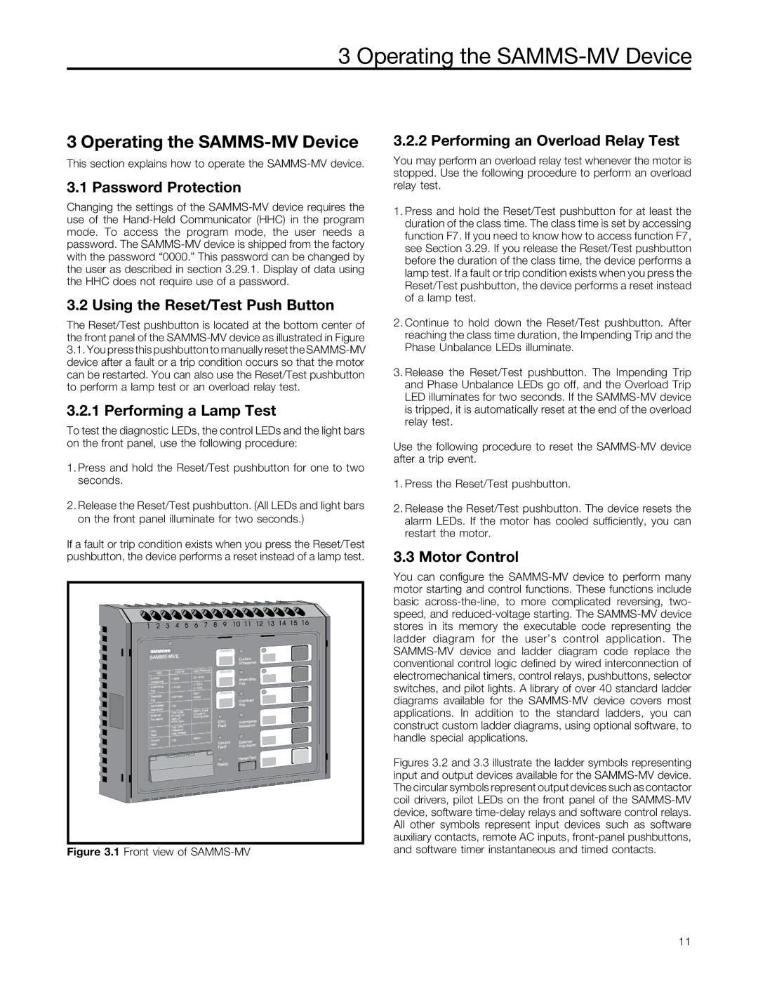 Siemens SAMMS-MV user manual Password Protection, Using the Reset/Test Push Button, Performing a Lamp Test, Motor Control 