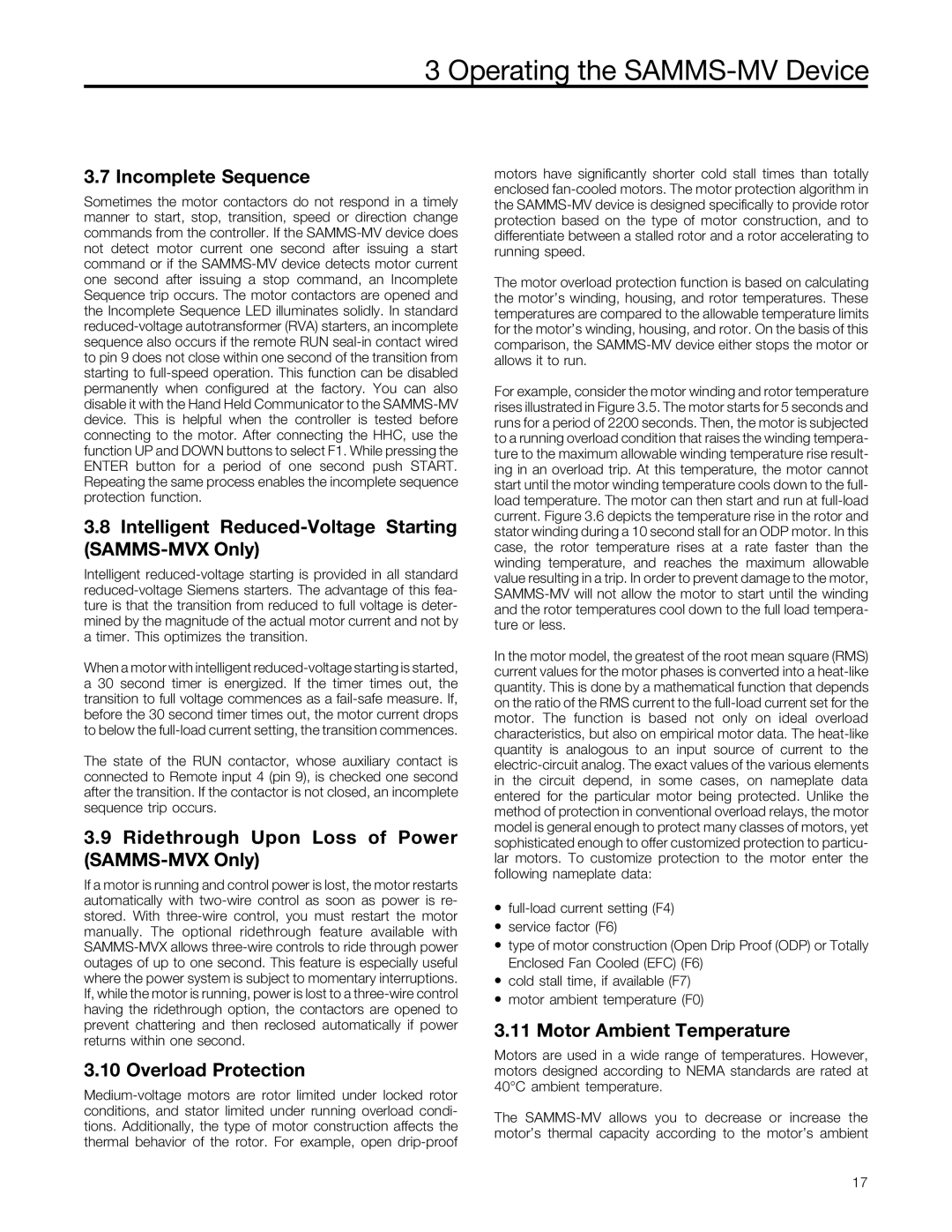 Siemens user manual Incomplete Sequence, Intelligent Reduced-Voltage Starting SAMMS-MVX Only, Motor Ambient Temperature 