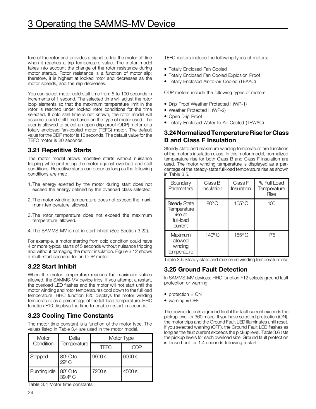 Siemens SAMMS-MV user manual Repetitive Starts, Start Inhibit, Cooling Time Constants, Ground Fault Detection 