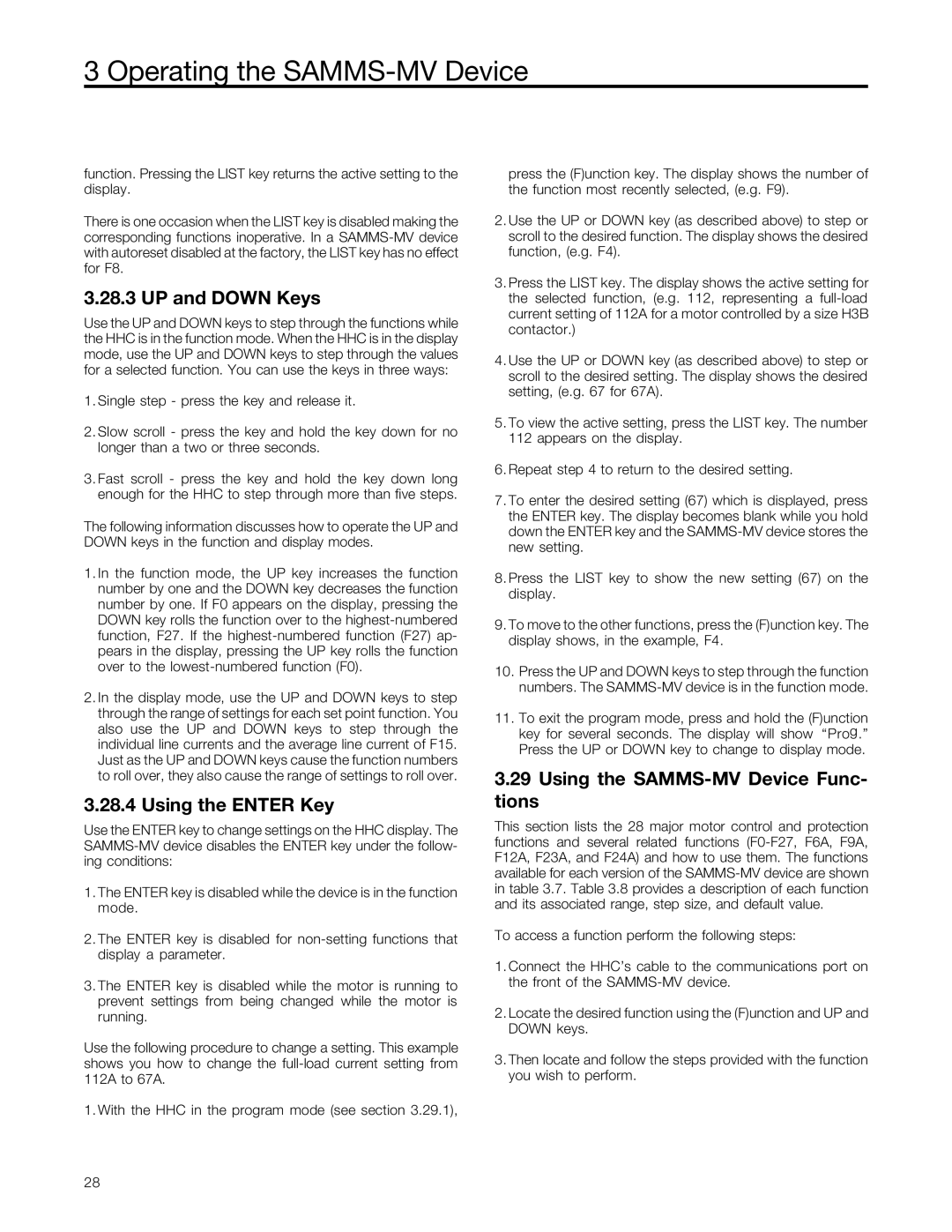 Siemens user manual UP and Down Keys, Using the Enter Key, Using the SAMMS-MV Device Func- tions 