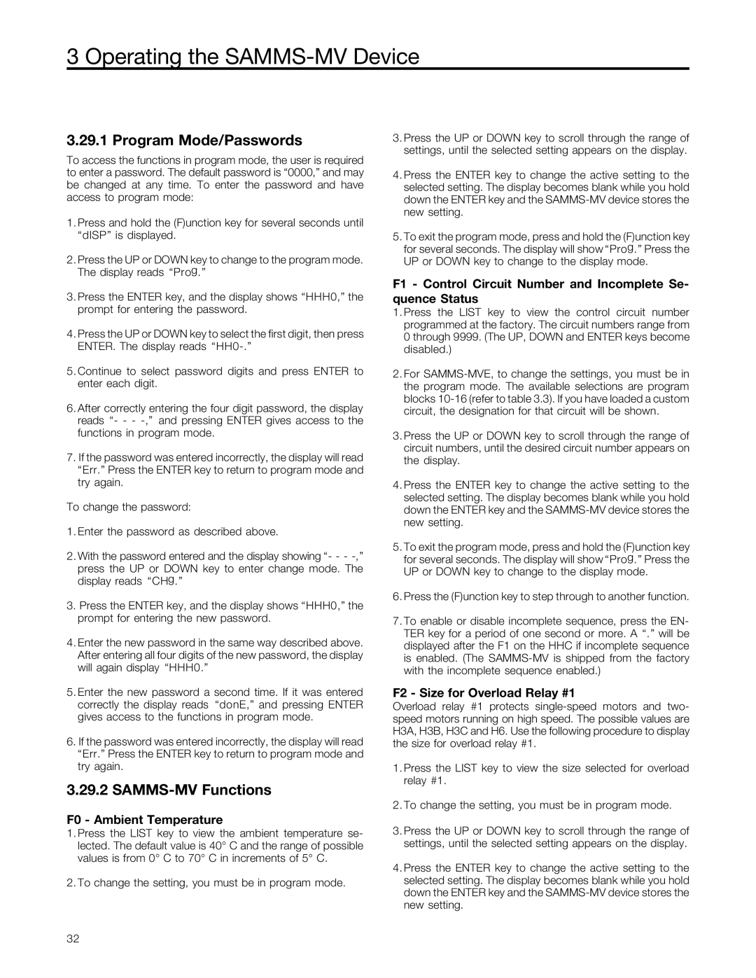 Siemens user manual Program Mode/Passwords, SAMMS-MV Functions, F0 Ambient Temperature, F2 Size for Overload Relay #1 