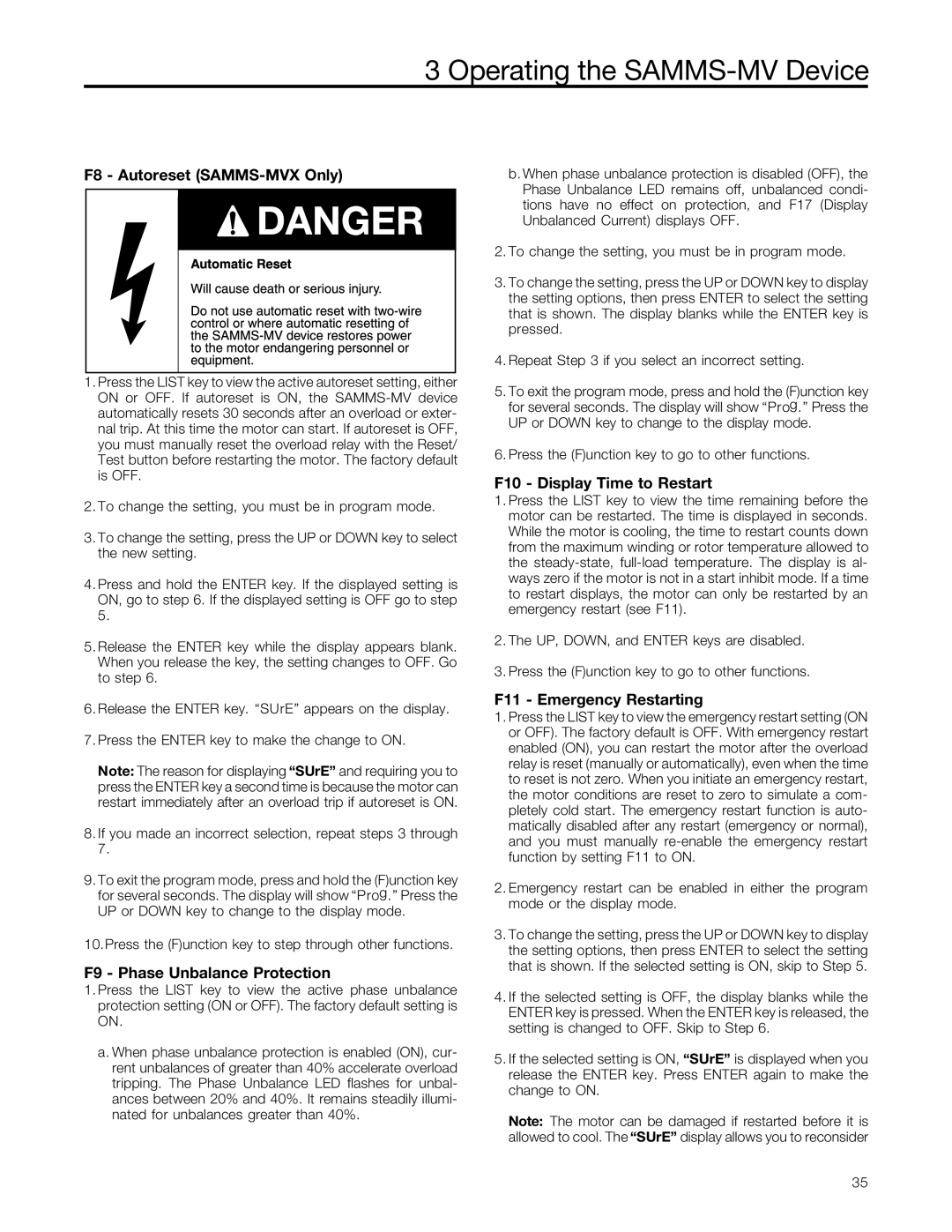 Siemens user manual F8 Autoreset SAMMS-MVX Only, F9 Phase Unbalance Protection, F10 Display Time to Restart 