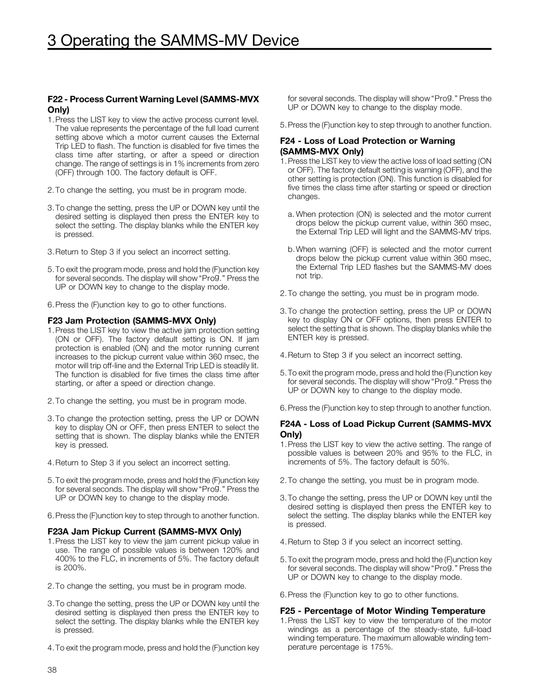 Siemens user manual F22 Process Current Warning Level SAMMS-MVX Only, F23 Jam Protection SAMMS-MVX Only 