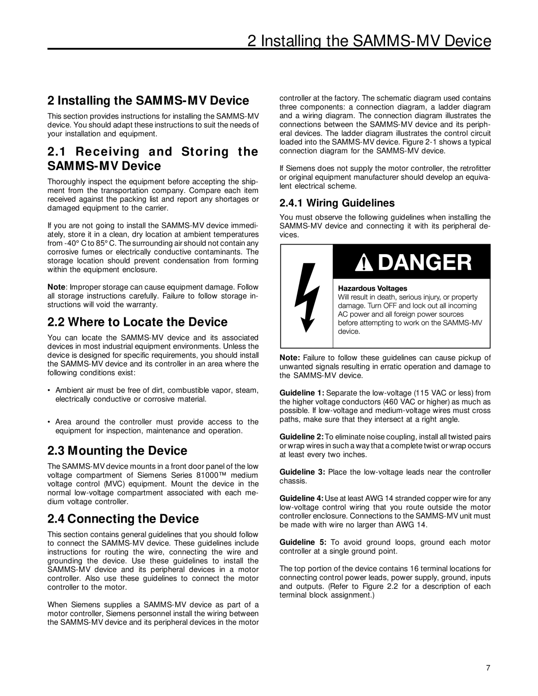 Siemens user manual Installing the SAMMS-MV Device 