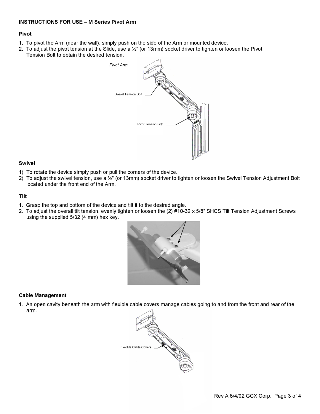 Siemens SC9000 installation manual Instructions for USE M Series Pivot Arm, Swivel, Tilt, Cable Management 