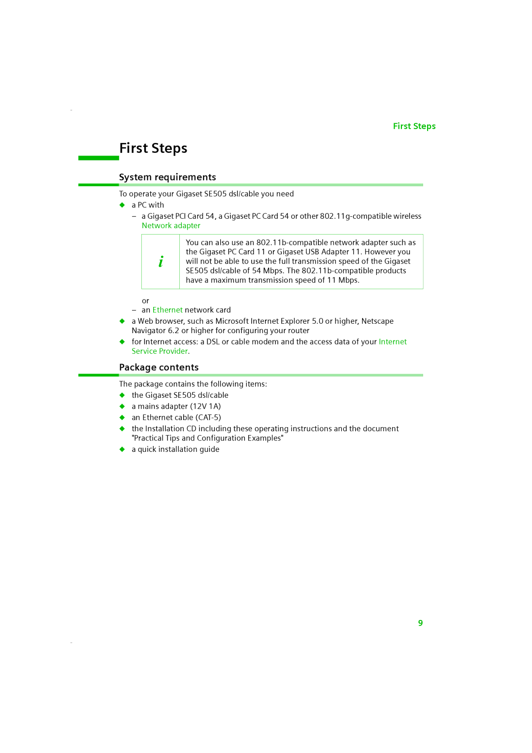 Siemens SE505 manual First Steps, System requirements, Package contents 