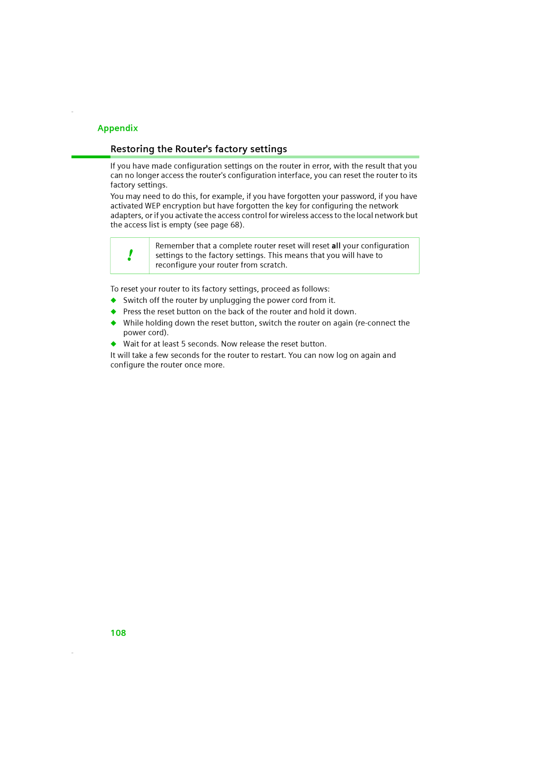 Siemens SE505 manual Restoring the Routers factory settings 