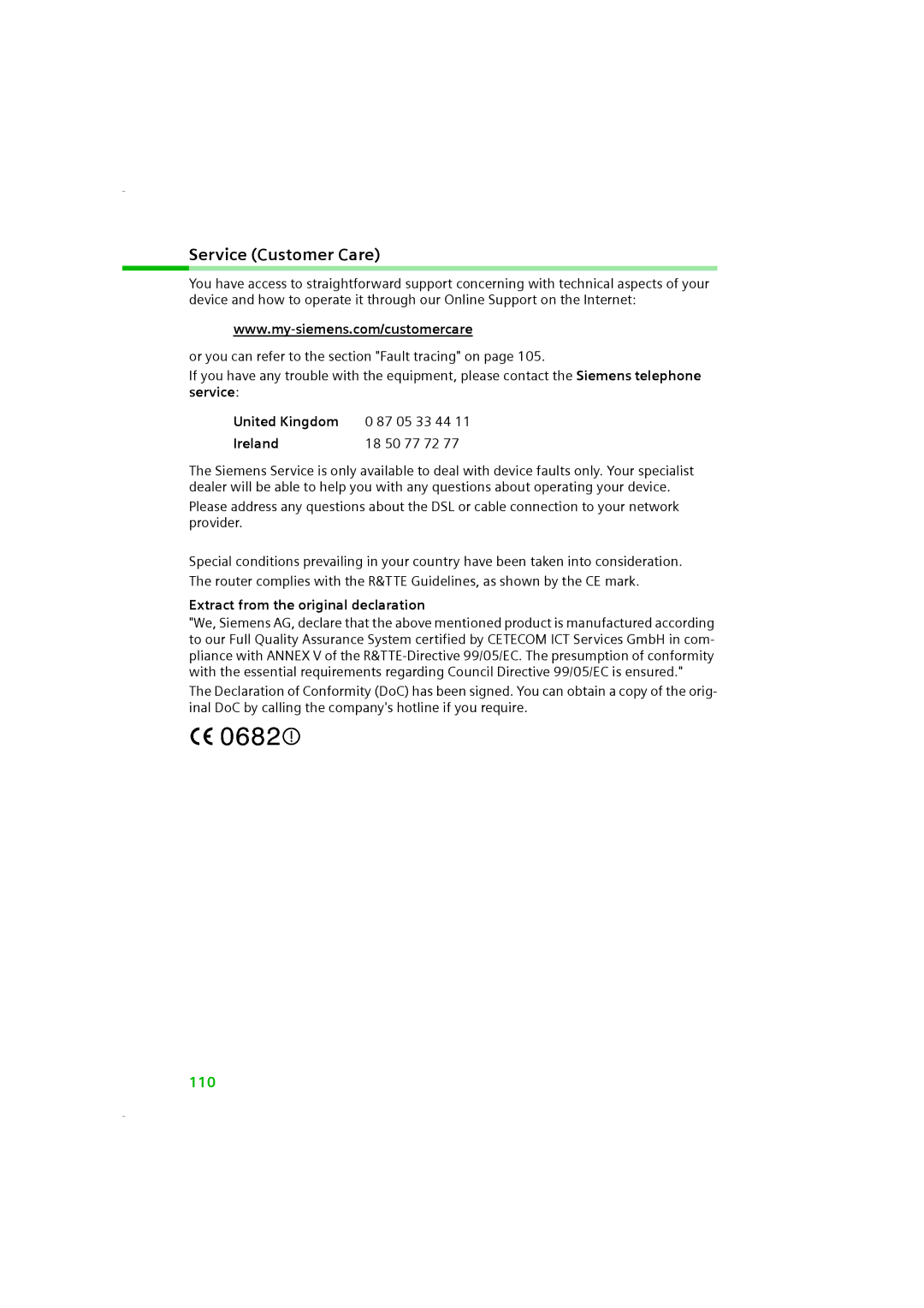 Siemens SE505 manual Service Customer Care, United Kingdom, Ireland 18 50 77 72, Extract from the original declaration 