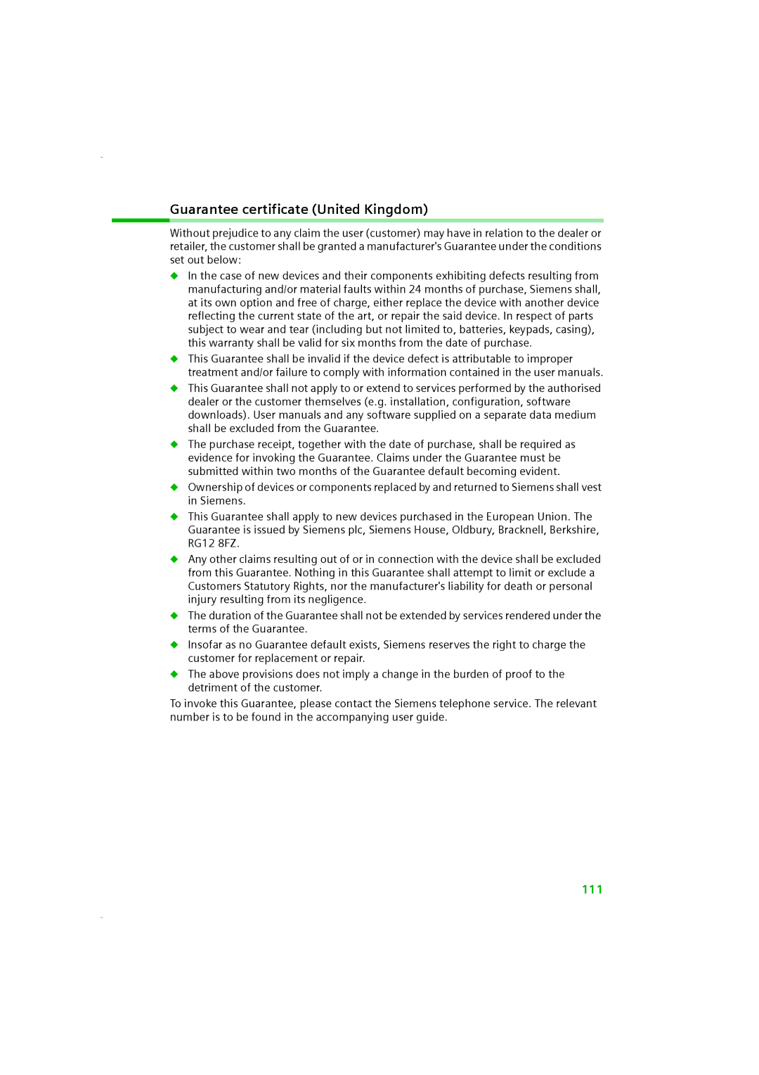 Siemens SE505 manual Guarantee certificate United Kingdom 