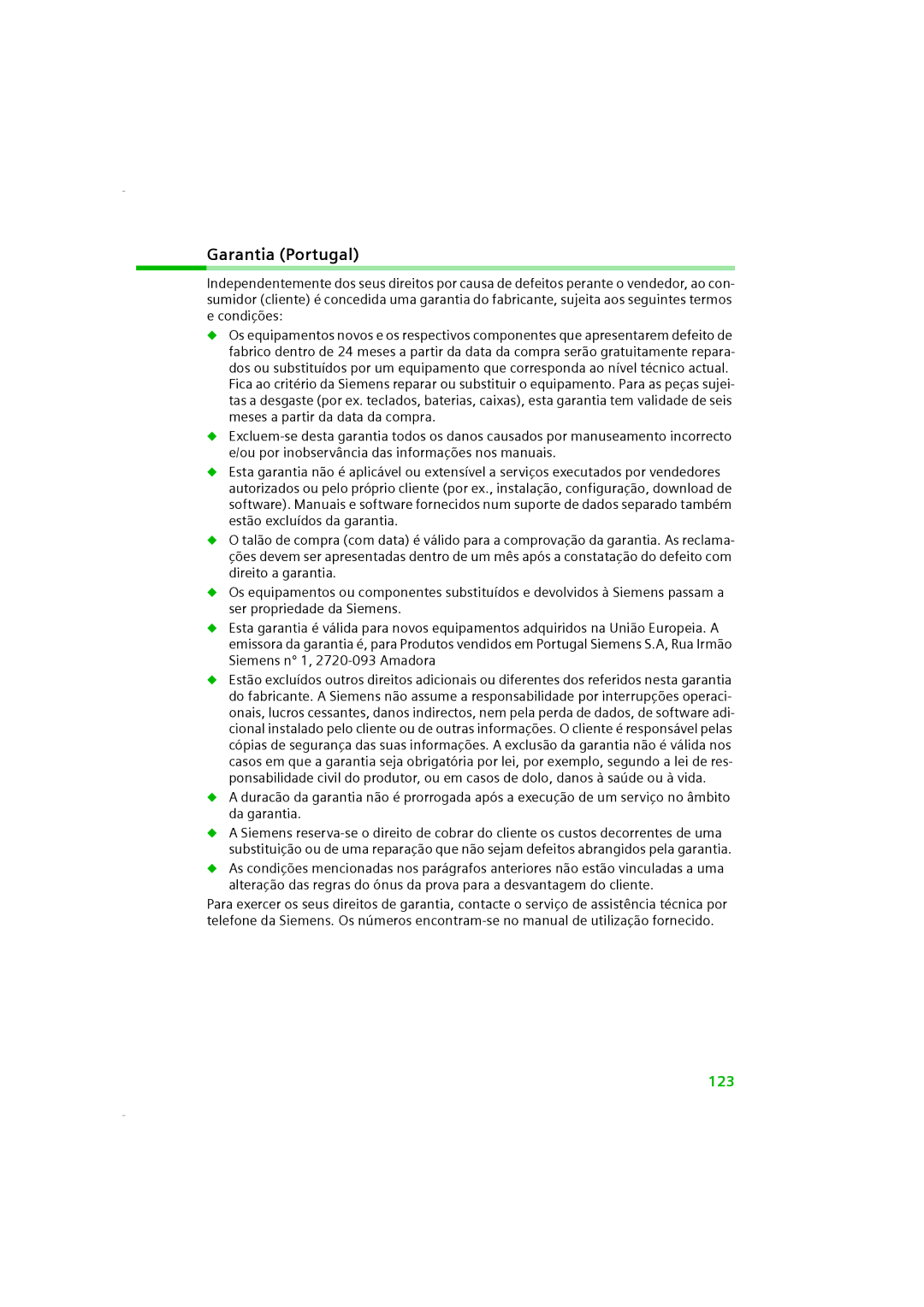 Siemens SE505 manual Garantia Portugal 