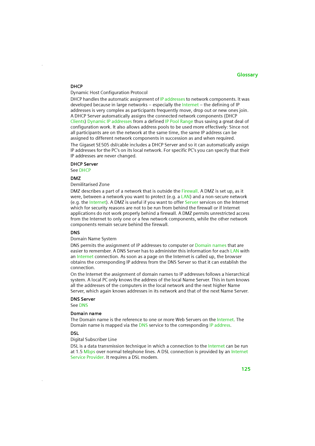 Siemens SE505 manual Dhcp, Dmz, Dns, Dsl 