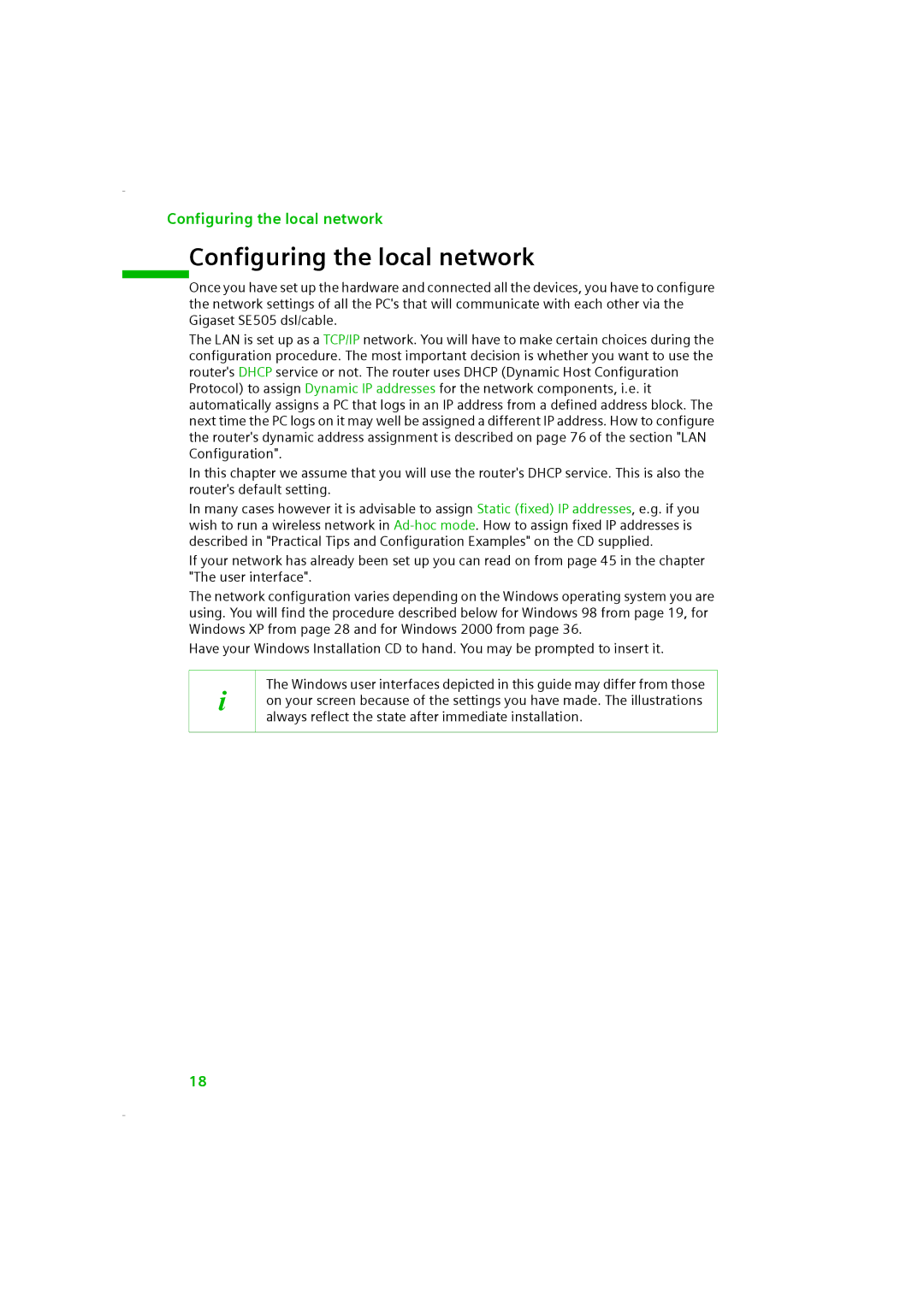 Siemens SE505 manual Configuring the local network 