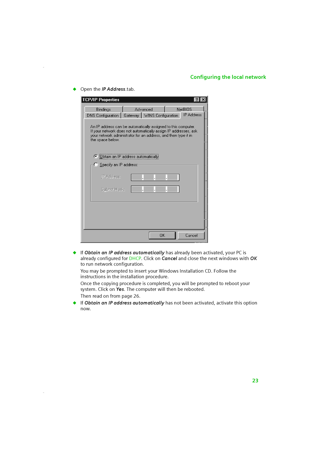 Siemens SE505 manual Configuring the local network 