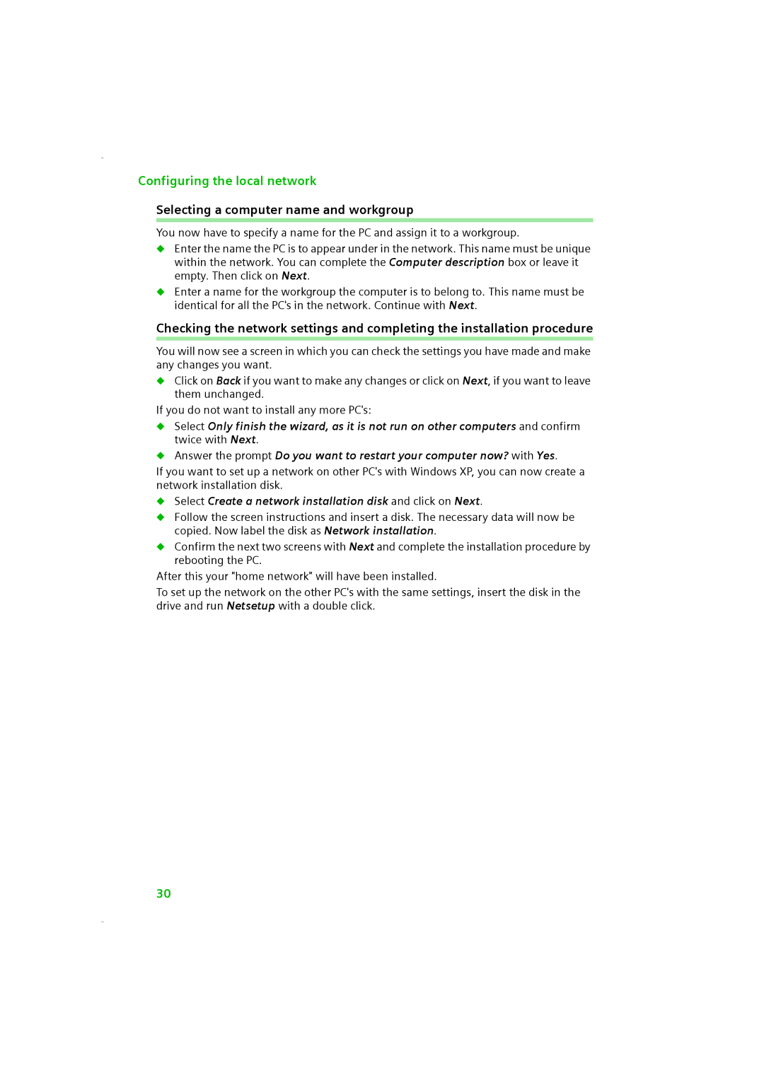 Siemens SE505 manual Selecting a computer name and workgroup, Select Create a network installation disk and click on Next 