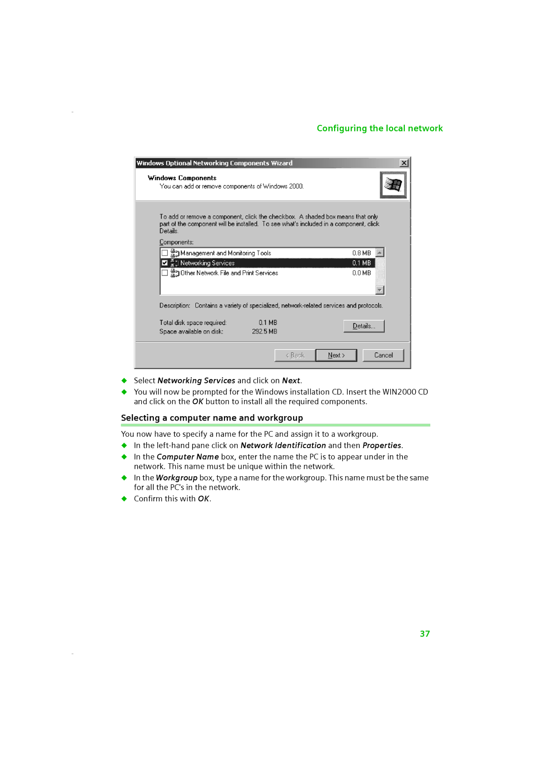 Siemens SE505 manual Selecting a computer name and workgroup, Select Networking Services and click on Next 