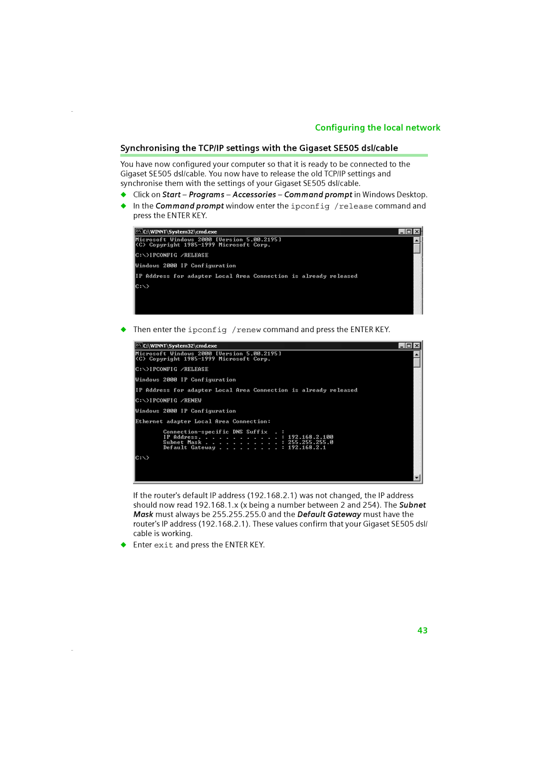 Siemens SE505 manual Configuring the local network 