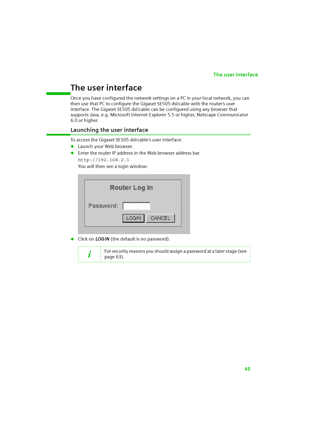 Siemens SE505 manual User interface, Launching the user interface 