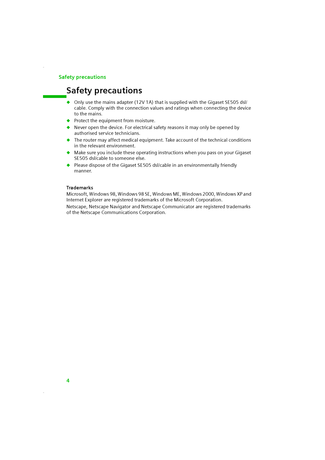 Siemens SE505 manual Safety precautions, Trademarks 