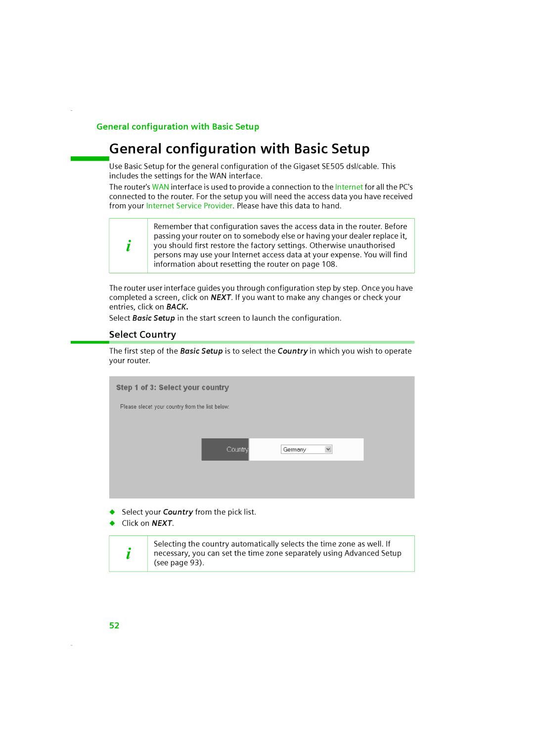 Siemens SE505 manual General configuration with Basic Setup, Select Country 