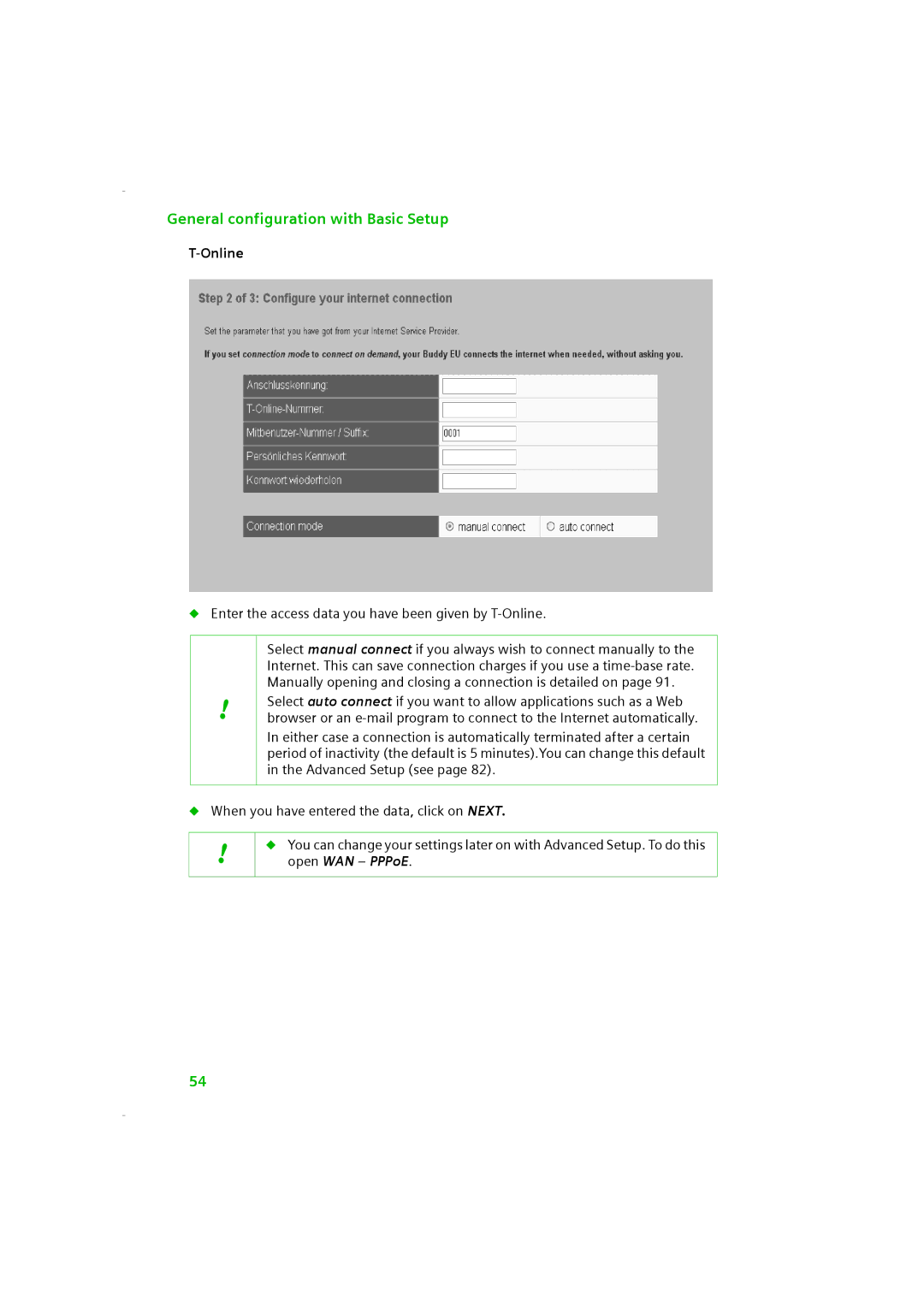 Siemens SE505 manual Enter the access data you have been given by T-Online 