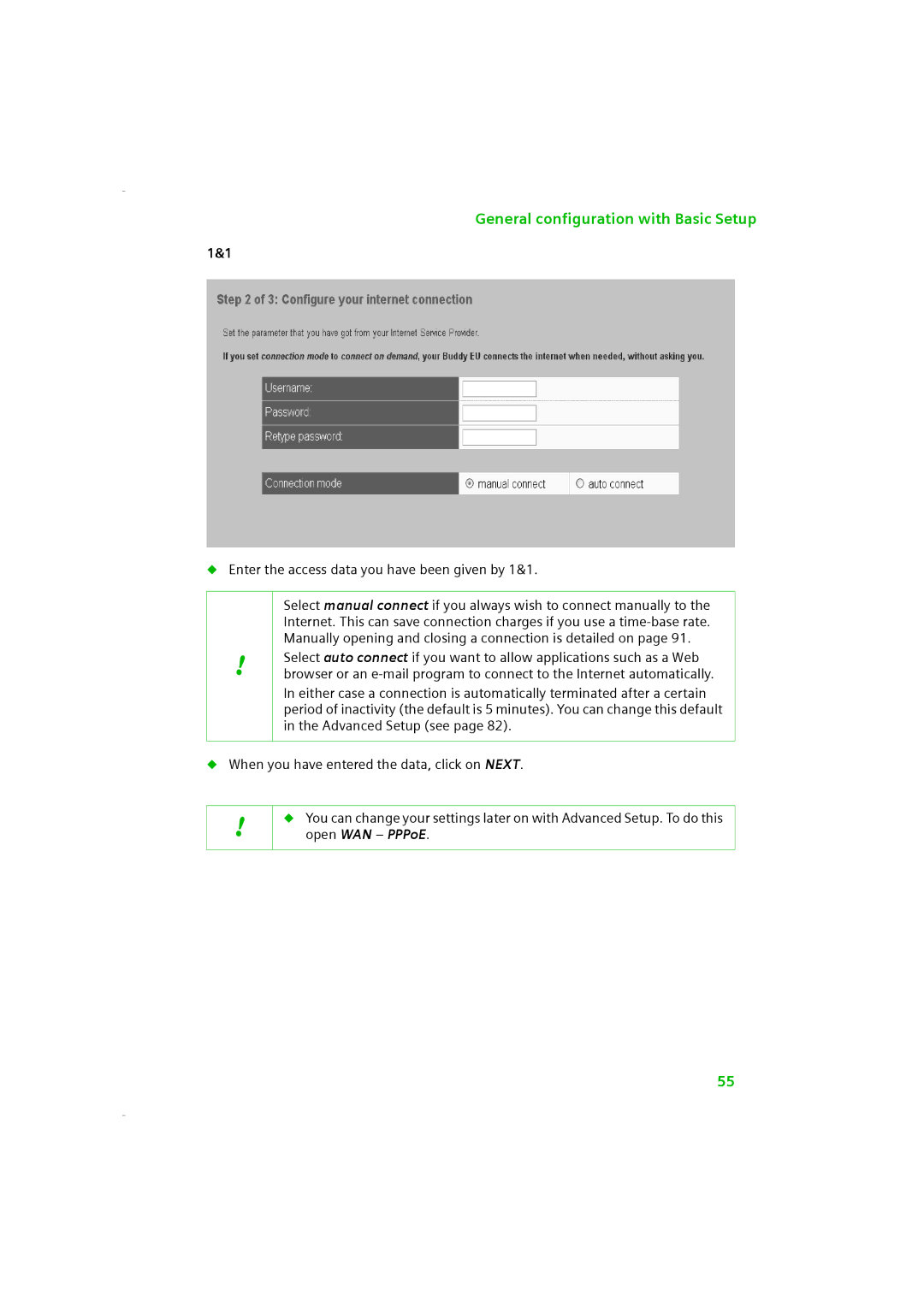 Siemens SE505 manual Enter the access data you have been given by 1&1 