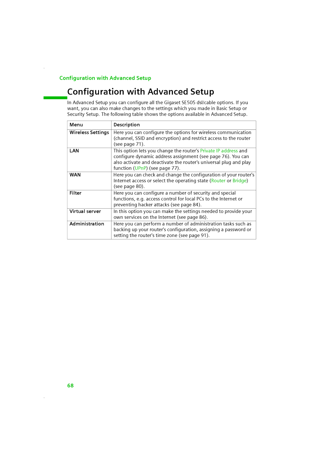 Siemens SE505 manual Configuration with Advanced Setup, Lan, Wan 