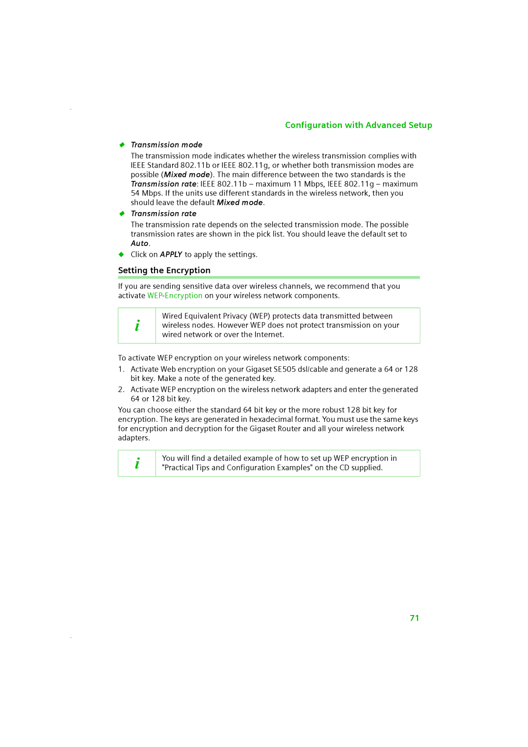 Siemens SE505 manual Setting the Encryption, Transmission mode, Transmission rate 