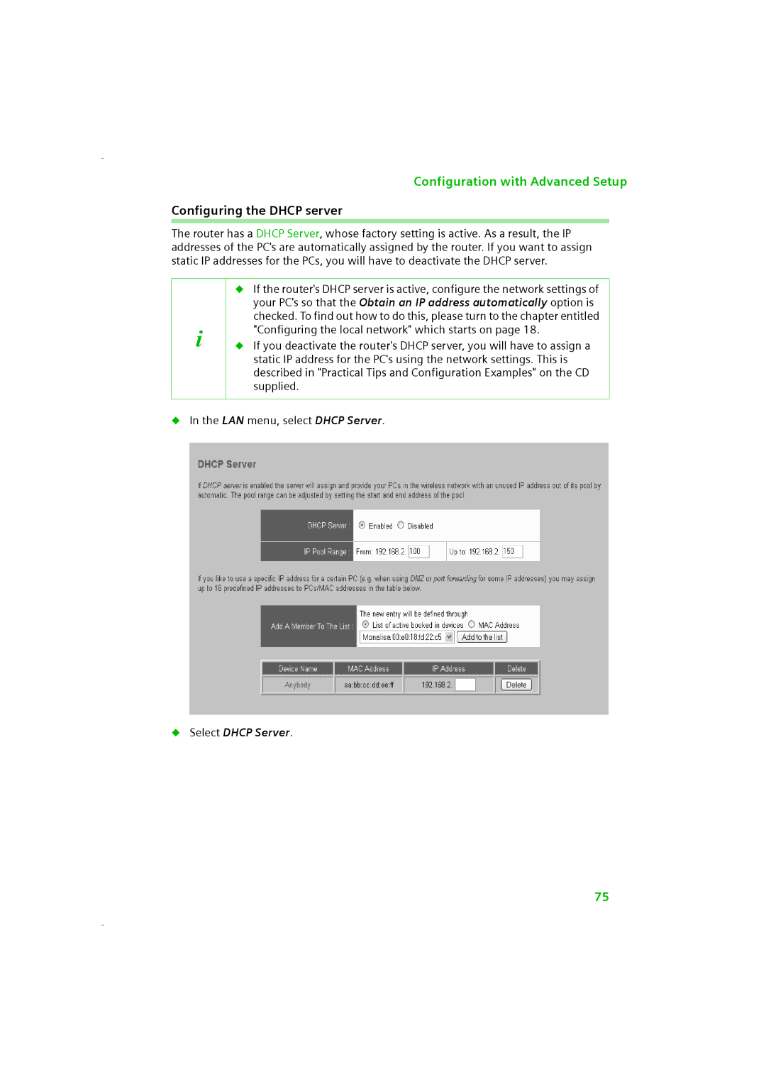 Siemens SE505 manual Configuring the Dhcp server, Select Dhcp Server 