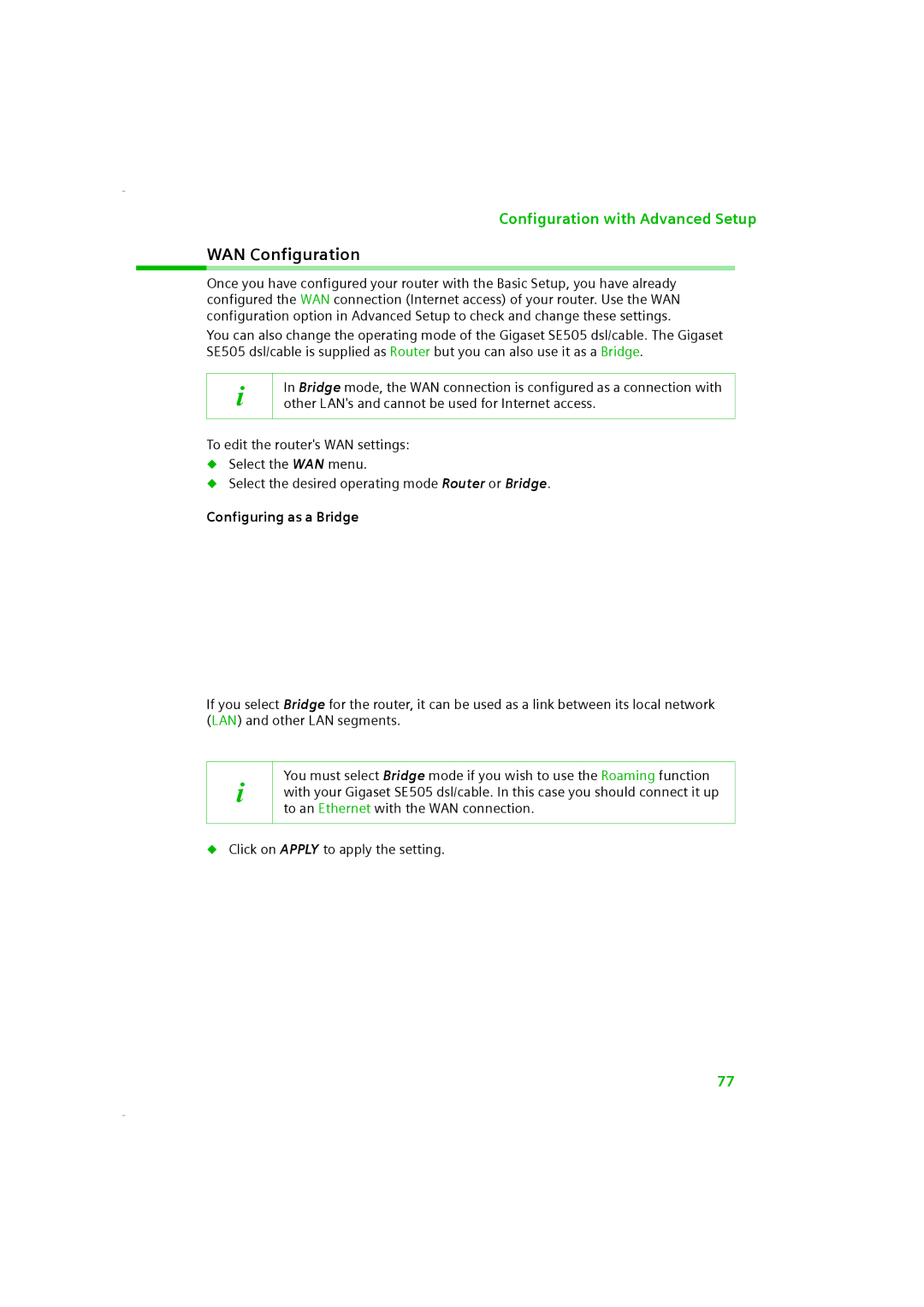 Siemens SE505 manual WAN Configuration, Configuring as a Bridge 