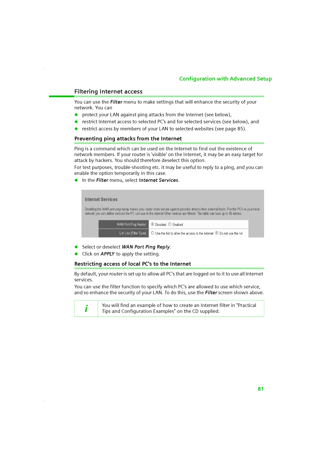 Siemens SE505 Filtering Internet access, Preventing ping attacks from the Internet, Filter menu, select Internet Services 